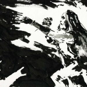 Profile view ink drawing of a long haired metal singer reaching into a heavy black wave of paint in a frantic hardcore punk style.