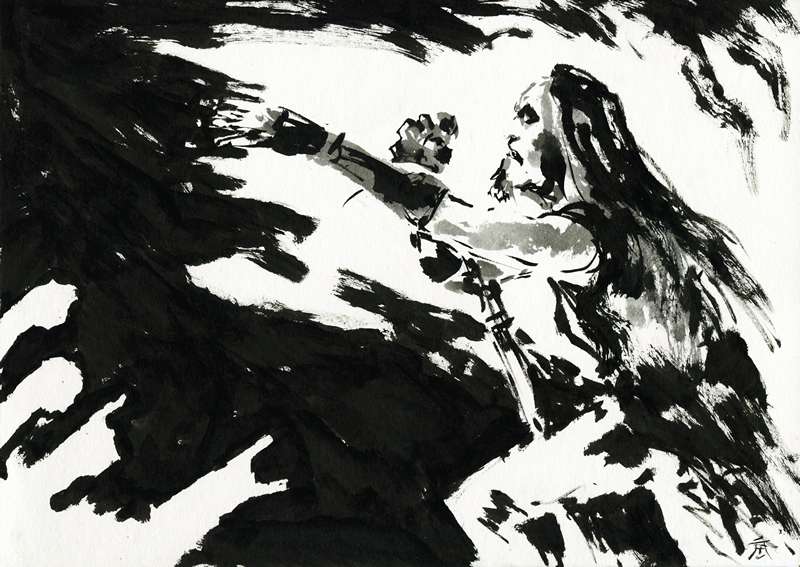 Horizontal metal vocalist lunging ink artwork by Den Unge Herr Holm Profile view ink drawing of a long haired metal singer reaching into a heavy black wave of paint in a frantic hardcore punk style.