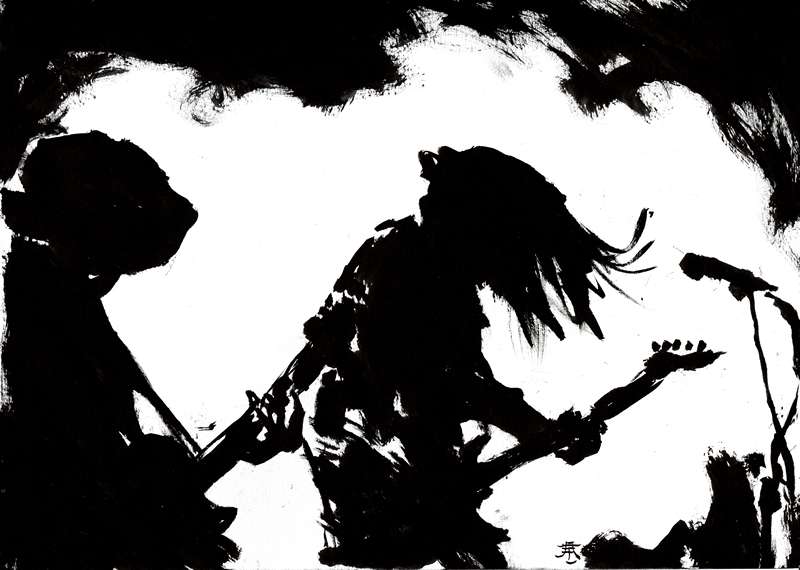 Stoner rock band silhouette ink illustration by Den Unge Herr Holm Black silhouettes of a metal band playing on stage with a guitarist headbanging in a high contrast backlit ink style.