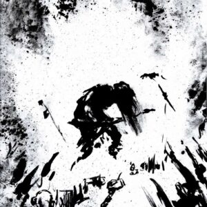 High contrast ink drawing of a musician on stage viewed from above surrounded by a crowd of raised hands and heavy paint splatters.