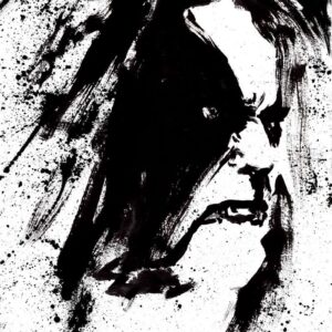 Close-up ink drawing of an aggressive face profile with heavy black shadows and ink splatters in a death metal art style.