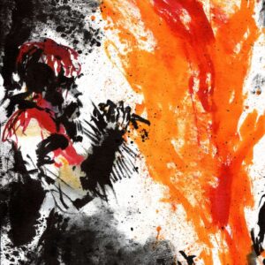 Dark silhouette next to a massive roaring orange and red flame with chaotic black ink splatters in a heavy metal style.