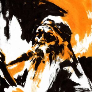 Ink drawing of a bearded old man singing into a microphone with a heavy orange background in an occult doom metal style.