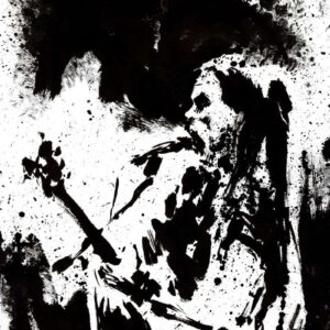 High contrast black and white drawing of a musician with dark eye makeup holding a guitar surrounded by heavy ink splatters.
