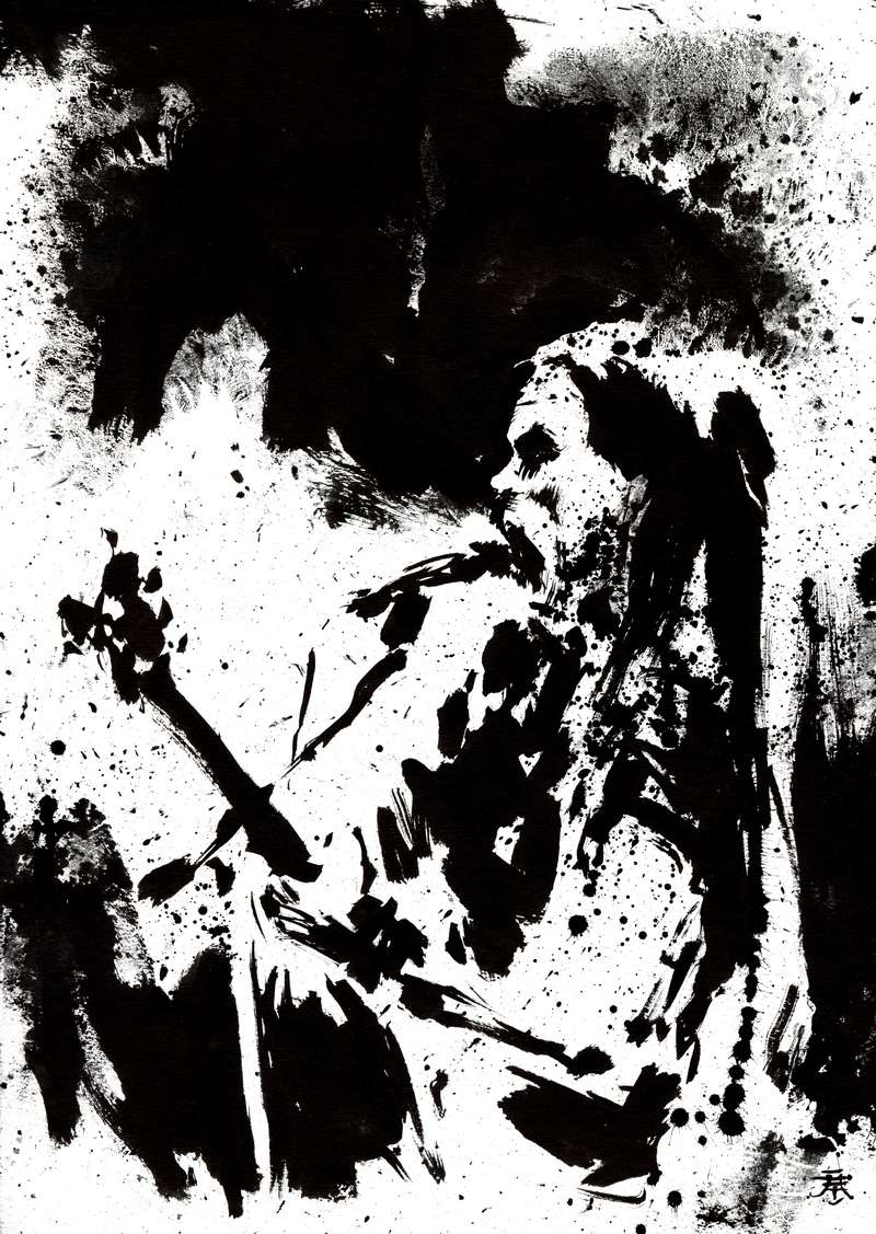 Grim bass player monochrome ink illustration by Den Unge Herr Holm High contrast black and white drawing of a musician with dark eye makeup holding a guitar surrounded by heavy ink splatters.
