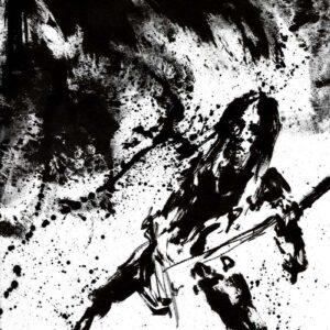 High contrast black and white drawing of a long haired guitarist lunging forward beneath a heavy wave of black ink splatters.