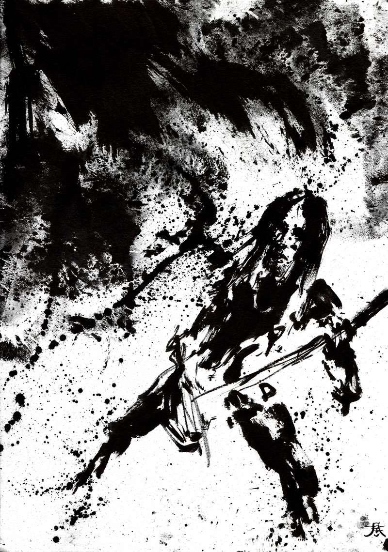 Diagonal sludge metal musician ink illustration by Den Unge Herr Holm High contrast black and white drawing of a long haired guitarist lunging forward beneath a heavy wave of black ink splatters.
