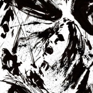 Close up ink drawing of a metal drummer hitting cymbals with fast motion lines and chaotic black paint splatters.