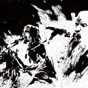 Horizontal ink drawing of a bald bearded metal singer on stage alongside his bandmates with heavy black paint splatters.