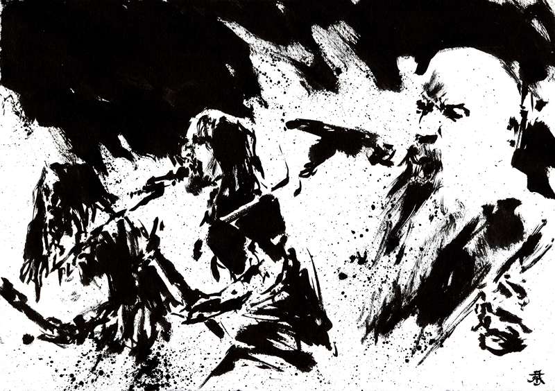 Bald bearded metal vocalist stage band illustration by Den Unge Herr Holm Horizontal ink drawing of a bald bearded metal singer on stage alongside his bandmates with heavy black paint splatters.