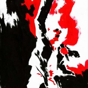 Ink painting of a heavy metal vocalist with a raised fist surrounded by bright red flame splatters by artist Kim Diaz Holm.