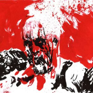 Heavy metal singer screaming with microphone surrounded by chaotic red paint splatters and black ink in a gory death metal style.