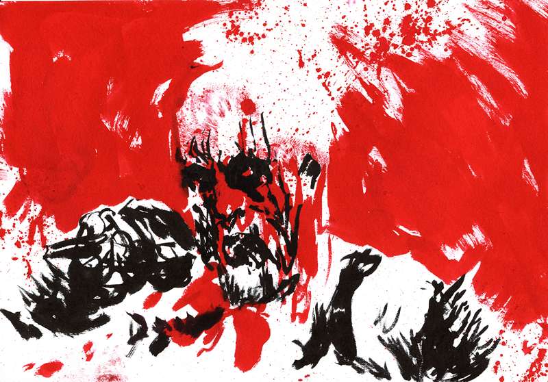 Red ink screaming metal vocalist illustration by Den Unge Herr Holm Heavy metal singer screaming with microphone surrounded by chaotic red paint splatters and black ink in a gory death metal style.