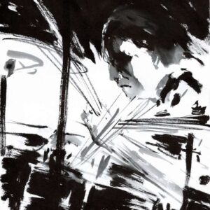 Dramatic black and white ink sketch of a moody face with radiating light beams and abstract dark background textures.