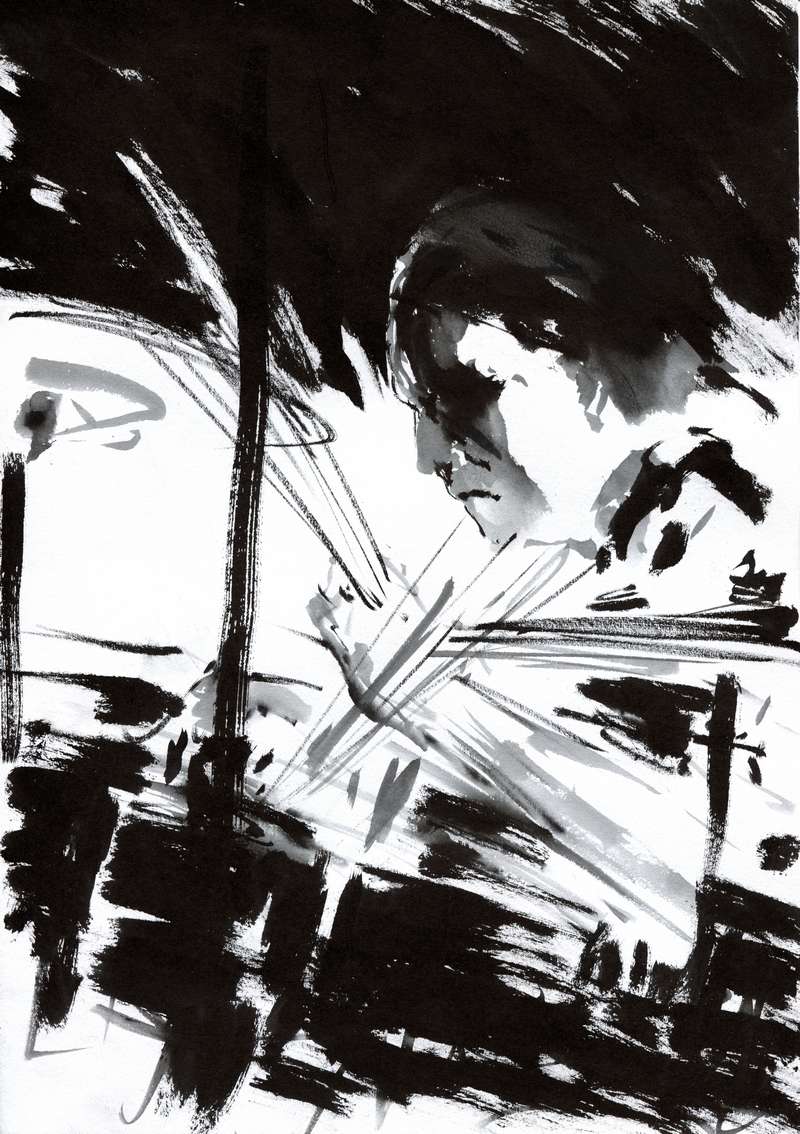 Monochrome heavy metal concert ink illustration Dramatic black and white ink sketch of a moody face with radiating light beams and abstract dark background textures.