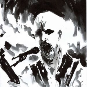 Expressionist black ink wash illustration of a metal singer screaming into a microphone with aggressive paint splatters.