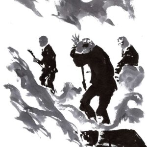 Black ink wash drawing of three musicians performing on stage under a circular moon with smoky grey sky textures.