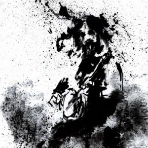 High contrast black ink illustration of an abstract musician figure surrounded by an explosion of dynamic paint splatters.