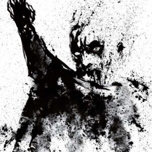 Expressionist black ink drawing of a metal singer with a piercing eye and one arm raised high amid splatters.