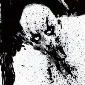 Expressionist black and white ink illustration of a distorted macabre face with blank eyes and dynamic paint splatters.