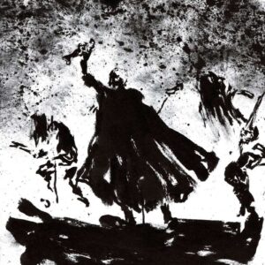 Dark silhouette of a cloaked figure raising an arm beneath a chaotic sky of black ink splatters with ghostly guitarists.