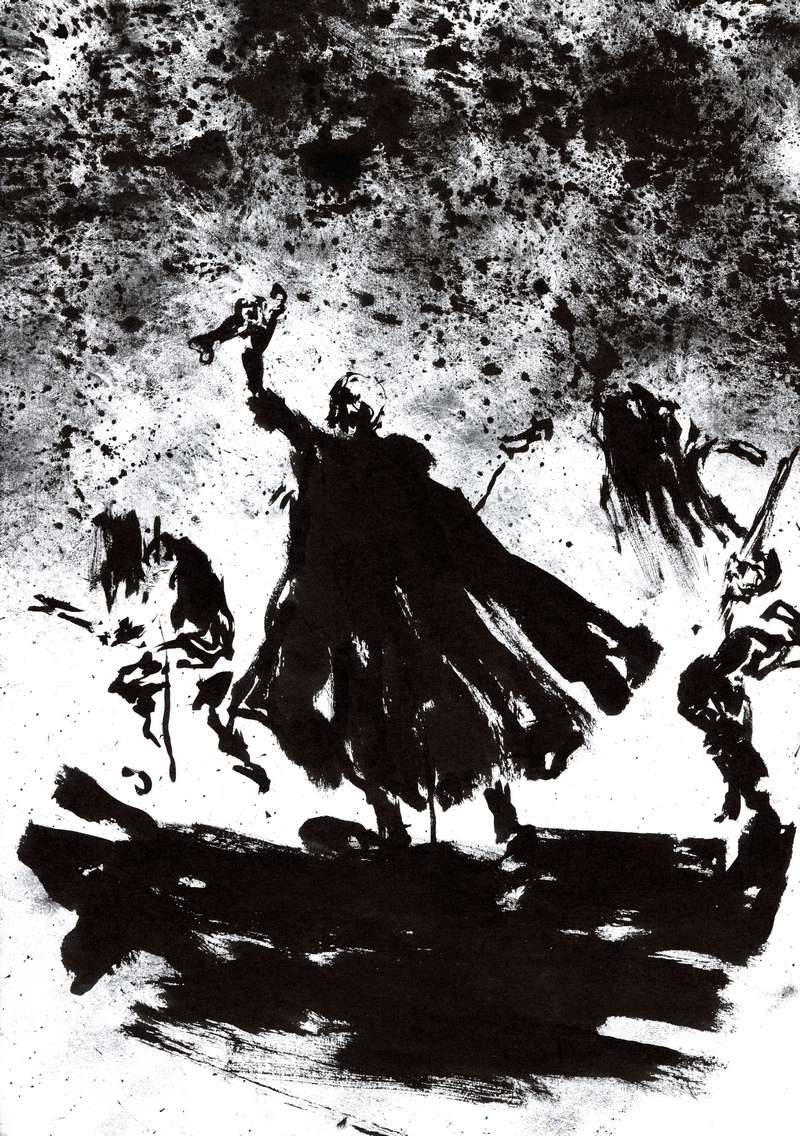Epic black metal ritual ink illustration Dark silhouette of a cloaked figure raising an arm beneath a chaotic sky of black ink splatters with ghostly guitarists.