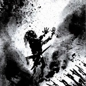 Black ink drawing of a silhouette figure reaching up toward a beam of white light surrounded by chaotic paint splatters.