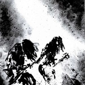 Dynamic black ink wash drawing of two long-haired musicians headbanging on stage with guitars amidst chaotic dark textures.