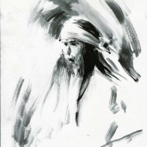 Ink wash portrait drawing of a heavy metal guitarist with a headband caught mid-performance by artist Kim Diaz Holm.