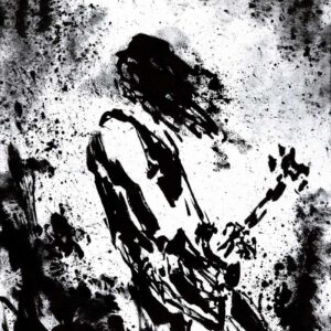 Black and white ink wash illustration of a musician in profile holding a guitar surrounded by a dense storm of paint droplets.