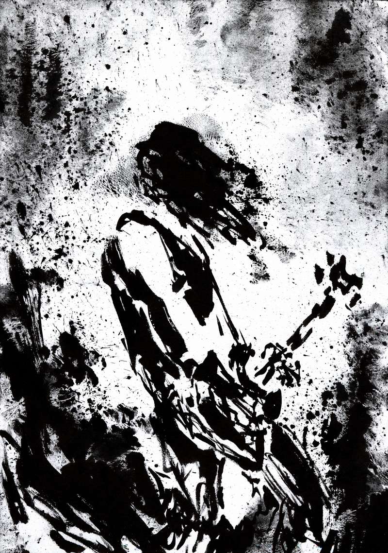 Alternative guitar player profile ink drawing Black and white ink wash illustration of a musician in profile holding a guitar surrounded by a dense storm of paint droplets.