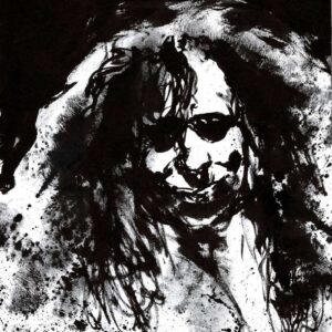 Expressionist black ink portrait of a long haired rocker wearing dark sunglasses with aggressive splatters.