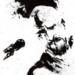 High contrast black ink drawing of a fragmented bearded face using negative space and splatters on a white background.