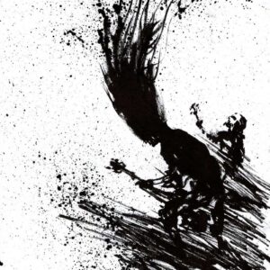 Dynamic black ink wash sketch of a guitarist headbanging with long hair flying vertically upward amidst splatters.