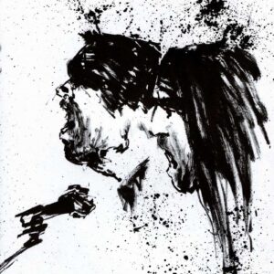 Expressionist black ink drawing of two singers screaming into a microphone with exploding paint splatters overhead.