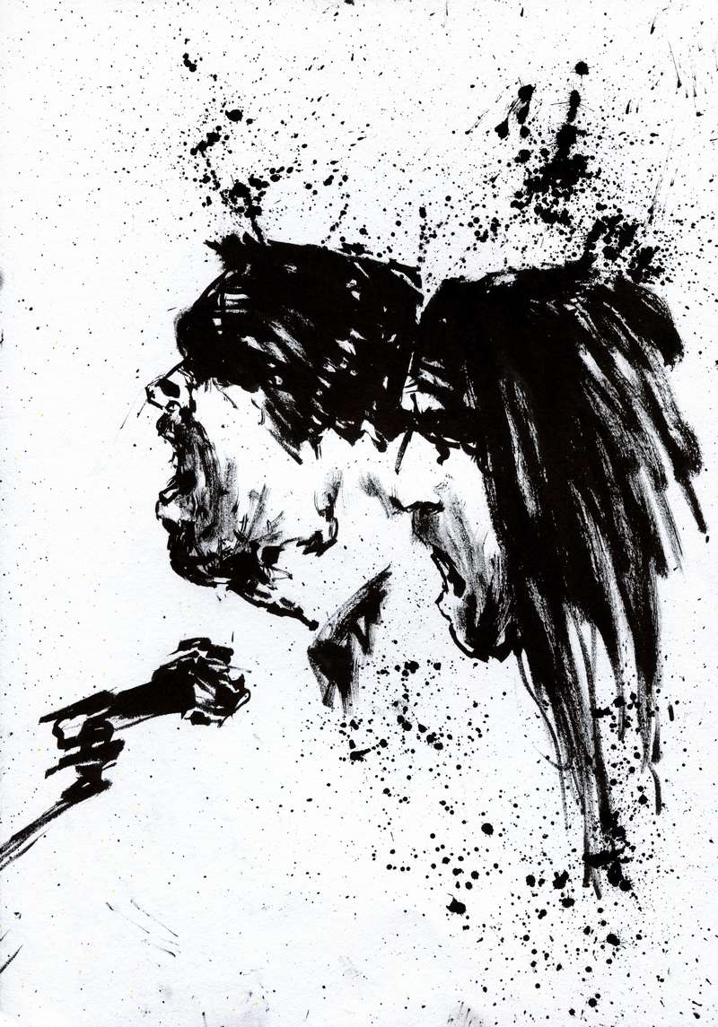 Dual heavy metal vocalists ink sketch portrait Expressionist black ink drawing of two singers screaming into a microphone with exploding paint splatters overhead.