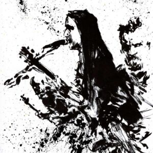 Complex black ink wash sketch featuring a guitar player silhouette in profile with a dark expressive face in the background.