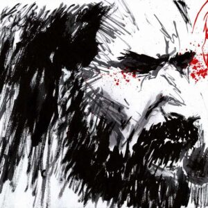 Expressionist black ink portrait of a singer with a microphone contrasting against a vibrant circular red sun and splatters.