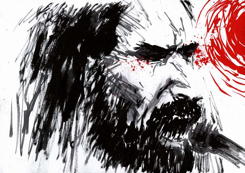 Avant garde metal singer red sun ink illustration Expressionist black ink portrait of a singer with a microphone contrasting against a vibrant circular red sun and splatters.