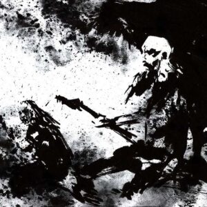 Large ghastly figure crouching over a guitarist on stage amidst an explosive storm of black ink splatters and textured smoke.
