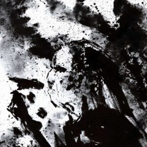 Vertical black ink wash sketch of a musician profile surrounded by an eruption of smoky textures and fine paint splatters.