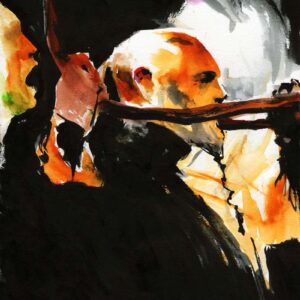 Ink and watercolor painting of a heavy metal performer in profile with deep black shadows and orange tones by Kim Diaz Holm.