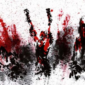 Expressionist black ink sketch of a metal band finishing a show with a frontman celebrating amid an explosion of red paint splatters.