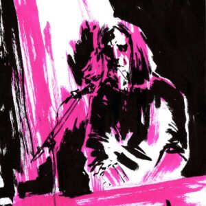 Ink and magenta guache illustration of musician Ihsahn performing live at Inferno Metal Festival by Kim Holm.