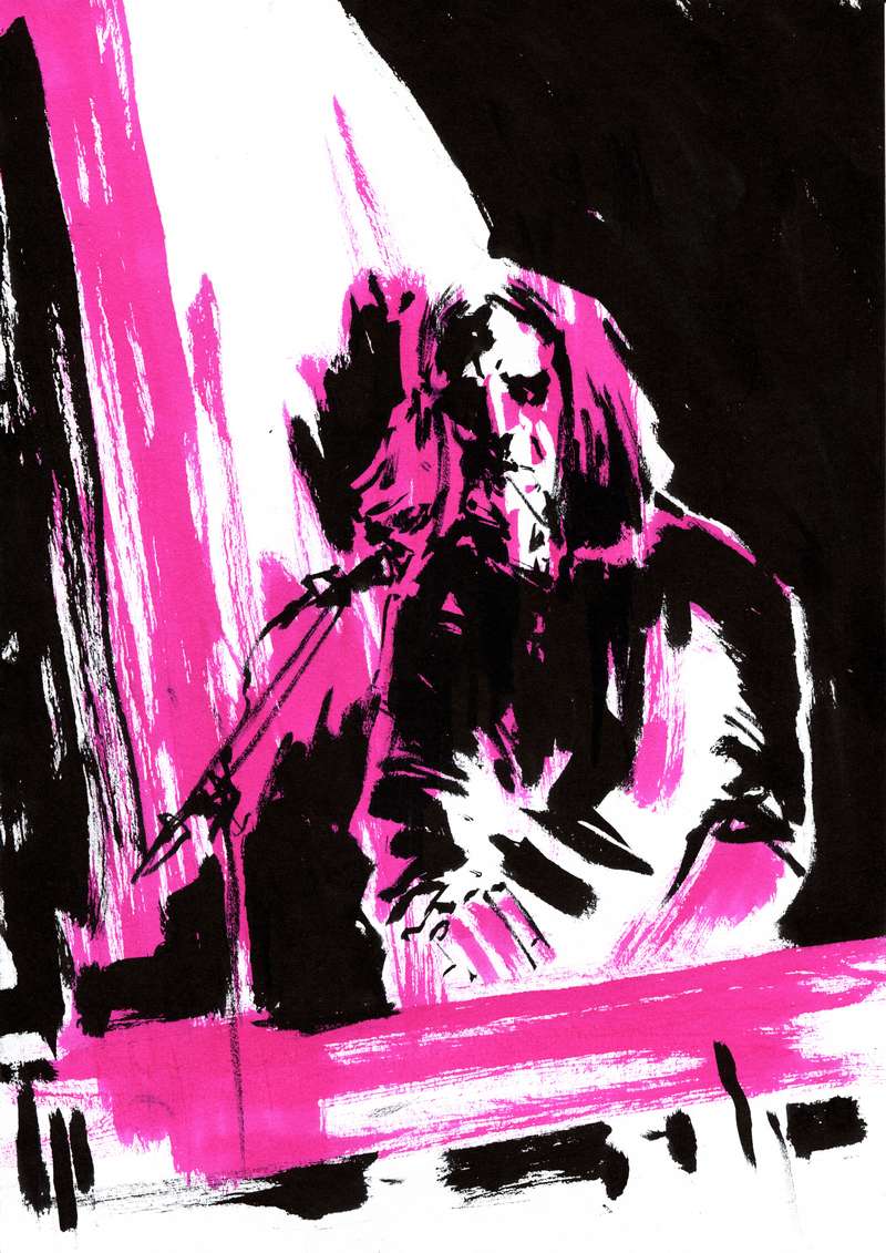 Ihsahn live metal concert ink illustration by Kim Holm Ink and magenta guache illustration of musician Ihsahn performing live at Inferno Metal Festival by Kim Holm.