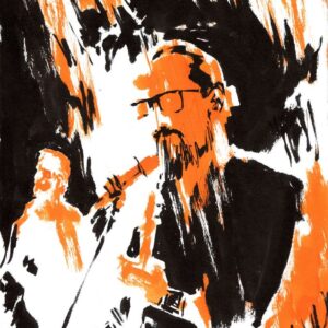Ink and orange guache illustration of Ihsahn playing saxophone live at Inferno Metal Festival by artist Kim Holm.