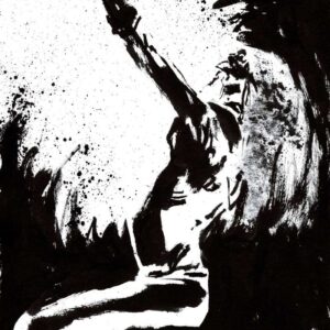 High-contrast black and white ink illustration of a metal singer performing live on stage by artist Kim Holm.