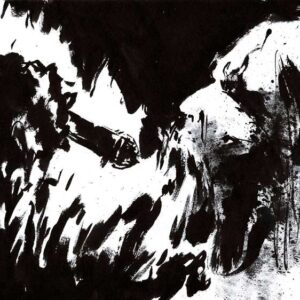 Close-up abstract ink illustration of a metal singer shouting into a microphone at a live concert by Kim Holm.