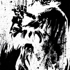 Vertical expressionist ink art of a metal singer with a raised hand amidst black ink splatters by artist Kim Holm.