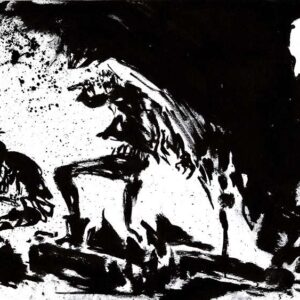 Horizontal ink art of a heavy metal singer and guitarist performing on stage with aggressive shadows by Kim Holm.